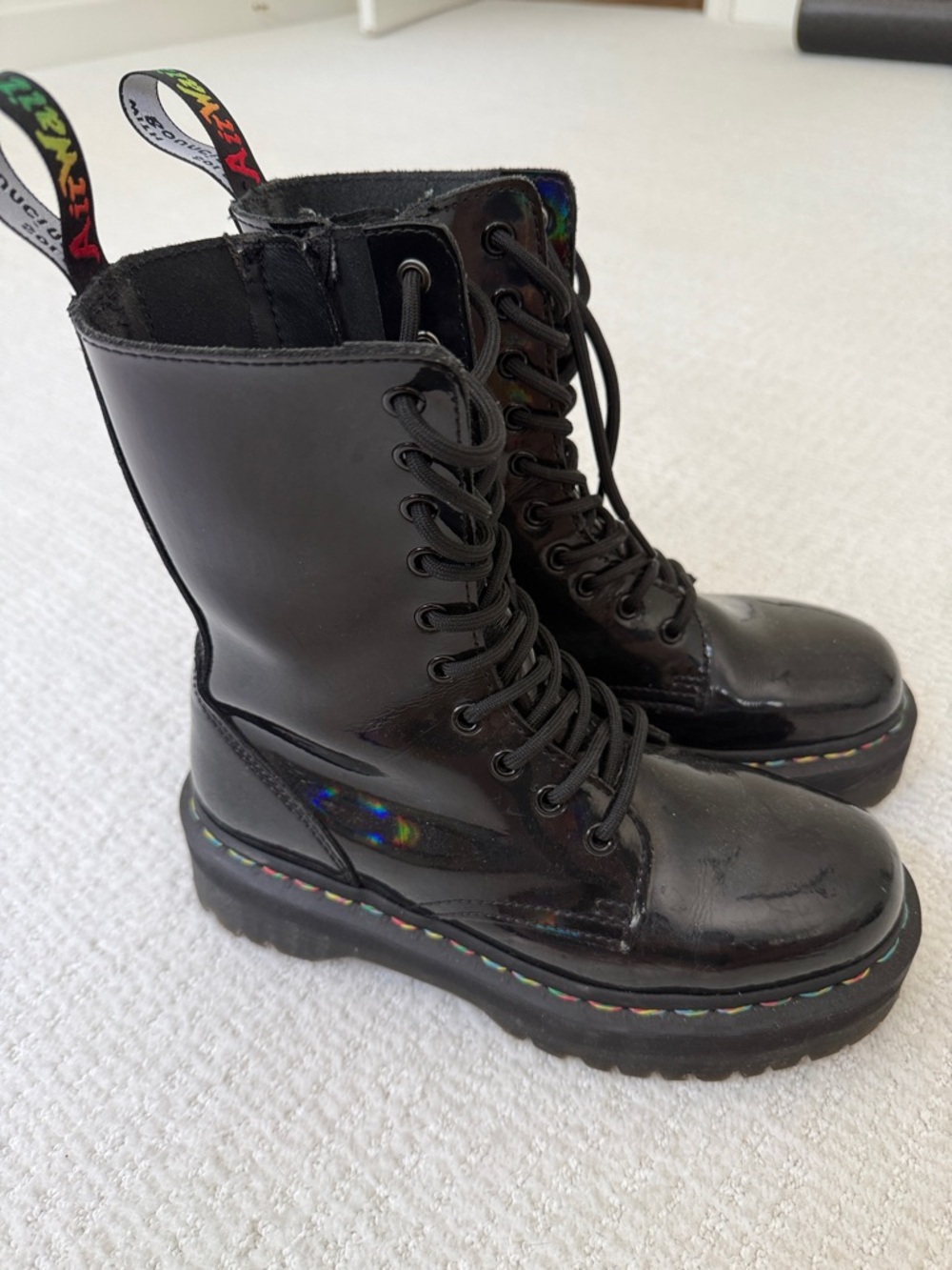 Dr. Martens Black Iridescent Patent Lace-Up Platform Boots Rainbow Stitching - Picture 2 of 7